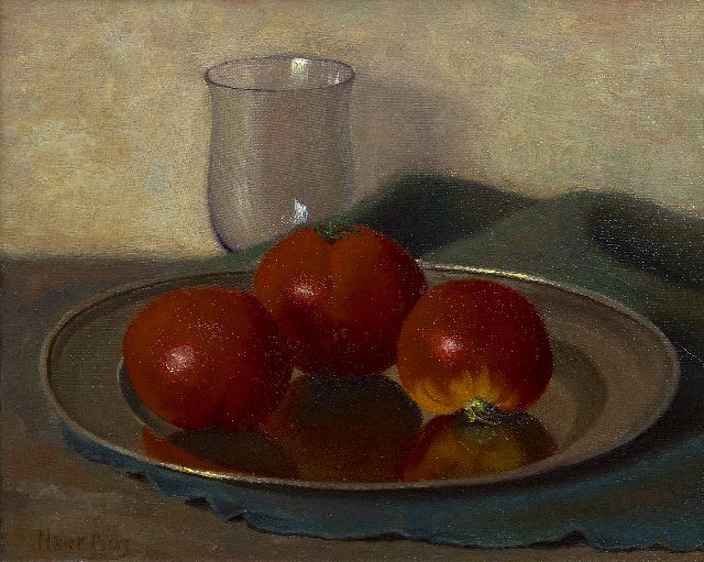 Henk Bos | Tomaten, olieverf op doek, 24,2 x 29,9 cm, gesigneerd l.o.