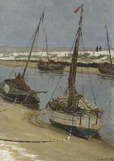 Ludolph Berkemeier | De Uitwatering in Katwijk aan Zee bij eb, olieverf op paneel, 35,5 x 25,1 cm, gesigneerd r.o.