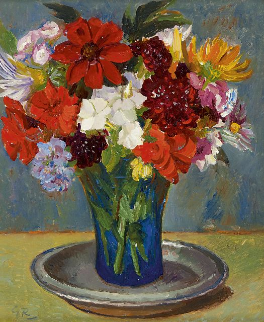 Gé Röling | Glas met bloemen, olieverf op board, 30,3 x 25,3 cm, gesigneerd l.o. met initialen en verso voluit