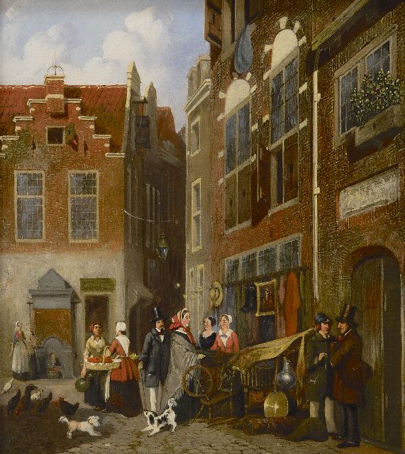 Joseph Bles | Bij de uitdragerij, olieverf op paneel, 27,8 x 25,0 cm, gesigneerd l.o.