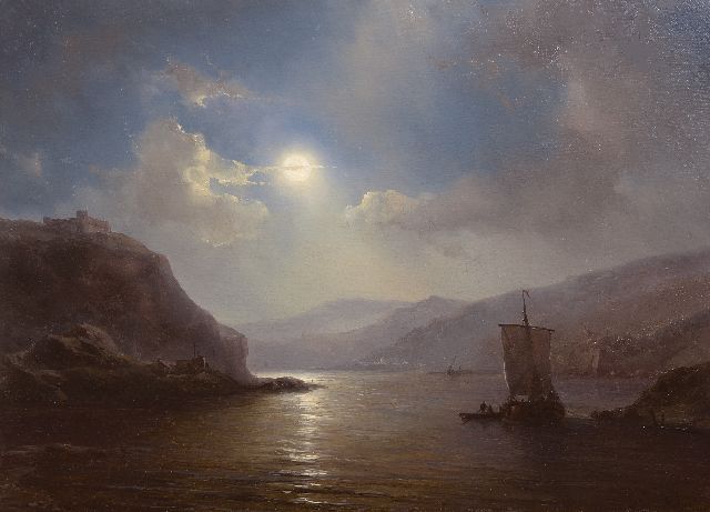 Louis Meijer | Rivier met afgemeerd schip bij maanlicht, olieverf op paneel, 30,0 x 41,4 cm, gesigneerd r.o.