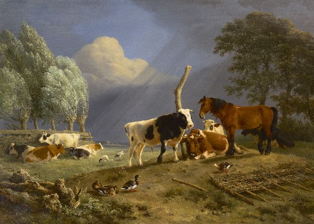 Henriette Ronner-Knip | Weidelandschap met paard en rundvee bij opkomende storm, olieverf op doek, 75,9 x 104,6 cm, gesigneerd r.o. en gedateerd 1842