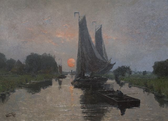 Willem Rip | Kalme vaart bij ondergaande zon, olieverf op doek, 140,0 x 190,2 cm, gesigneerd l.o.