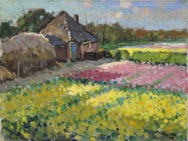 Ben Viegers | Bloeiende bollenvelden, olieverf op doek, 30,6 x 40,8 cm, gesigneerd r.o.