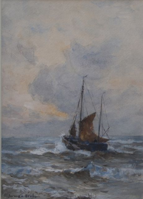 German Grobe | Uitvarende bomschuit bij Katwijk, aquarel op papier, 33,3 x 23,3 cm, gesigneerd l.o.