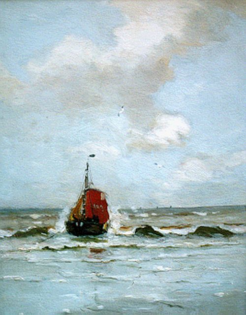Morgenstjerne Munthe | Bomschuit in de branding, olieverf op paneel, 35,3 x 26,0 cm, gesigneerd l.o. en gedateerd '24