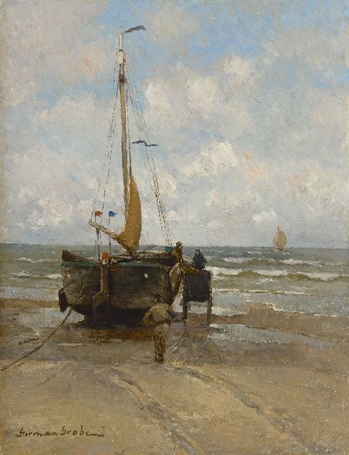 German Grobe | Het laden van de netten, Katwijk, olieverf op paneel, 35,0 x 26,6 cm, gesigneerd l.o.