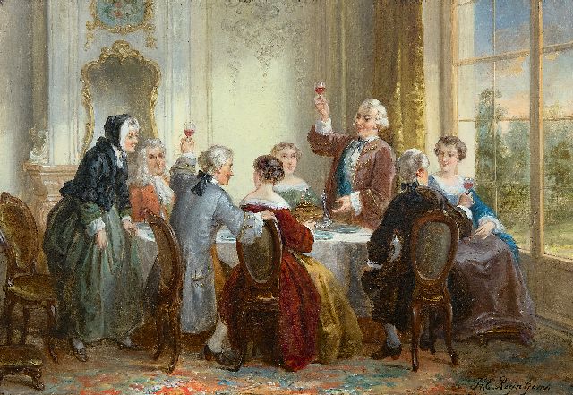 Henricus Engelbertus Reijntjens | Het verlovingsdiner, olieverf op paneel, 22,9 x 33,5 cm, gesigneerd r.o.