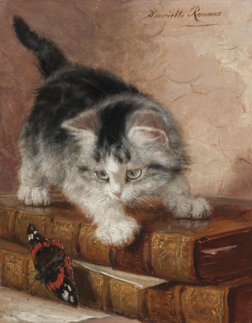 Henriette Ronner-Knip | Poesje spelend met een vlinder, olieverf op paneel, 22,0 x 17,3 cm, gesigneerd r.b. en te dateren ca. 1887