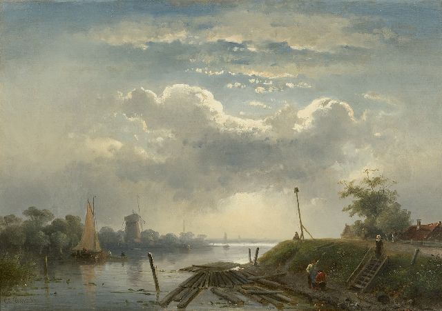 Charles Leickert | Zomers riviergezicht met zoneffect, olieverf op doek, 30,2 x 41,7 cm, gesigneerd l.o.
