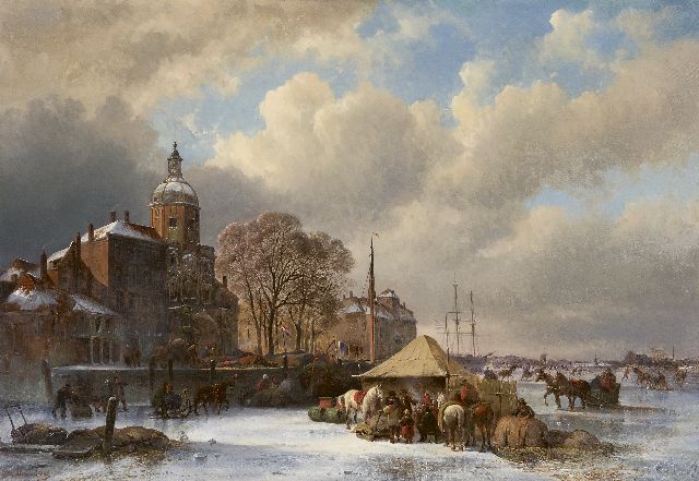 Joseph Moerenhout | Drukbevolkt ijsgezicht bij het Groothoofd in Dordrecht, olieverf op doek, 66,5 x 95,5 cm, gesigneerd l.o.