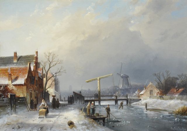 Charles Leickert | Winters stadsgezicht met schaatsers, olieverf op paneel, 25,8 x 35,9 cm, gesigneerd r.o.