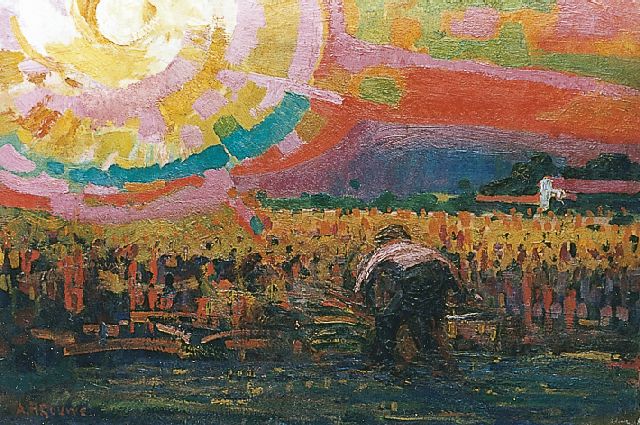 Herman Gouwe | De maaier, olieverf op doek, 52,4 x 77,2 cm, gesigneerd l.o.