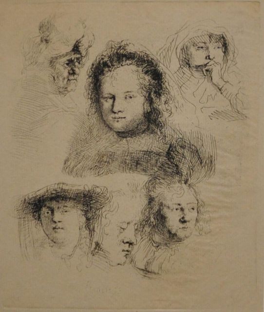 Rembrandt | Studies van Saskia en anderen, ets, 15,1 x 12,6 cm, gesigneerd l.o. in de  plaat en gedateerd 1636 in de plaat