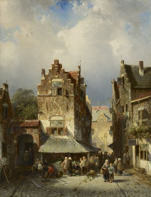 Charles Leickert | Stadsgezicht met figuren, olieverf op paneel, 43,2 x 33,7 cm, gesigneerd r.o. en op uithangbord