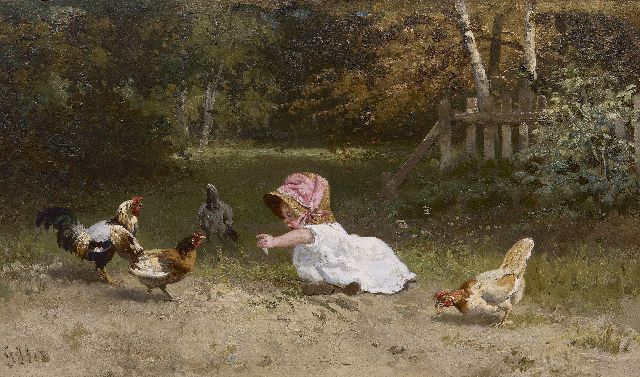 Gerardus Johannes Bos | Speeluurtje in de tuin, olieverf op paneel, 22,4 x 38,2 cm, gesigneerd l.o.