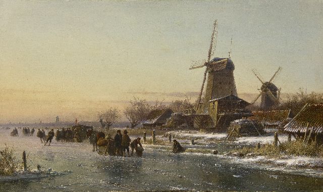 Lodewijk Johannes Kleijn | Schaatsers en koek-en-zopie bij een houtzaagmolen, olieverf op doek, 44,2 x 73,6 cm, gesigneerd mogelijk l.o. (vaag)