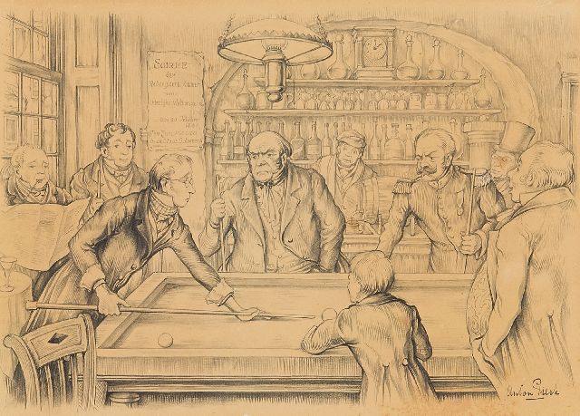 Anton Pieck | Het biljartspel, potlood op papier, 15,5 x 22,0 cm, gesigneerd r.o.