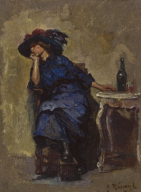 Kees Koppenol | Wachten op de afspraak, olieverf op doek op paneel, 21,5 x 16,0 cm, gesigneerd r.o. en verso op etiket