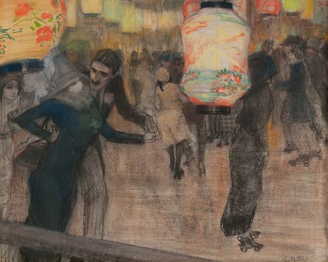 Leo Gestel | Op de rolschaatsbaan met Japanse lampions, zwart krijt en pastel op papier, 41,5 x 52,0 cm, gesigneerd r.o. en te dateren ca. 1910-1911
