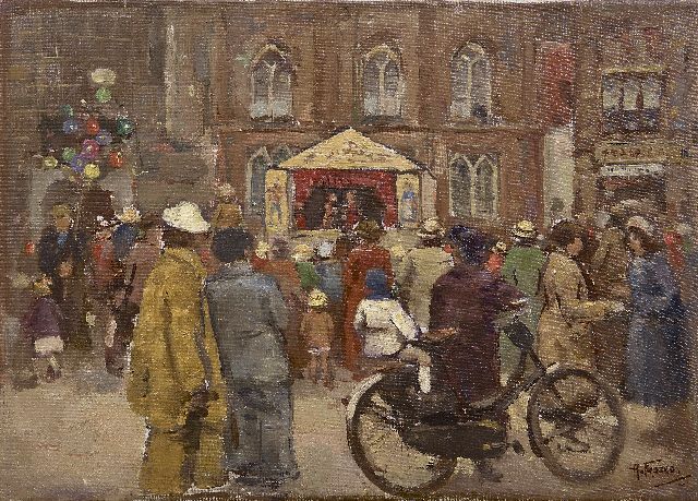 Abraham Fresco | De poppenkast op de Dam, Amsterdam, olieverf op doek, 25,3 x 35,4 cm, gesigneerd r.o.