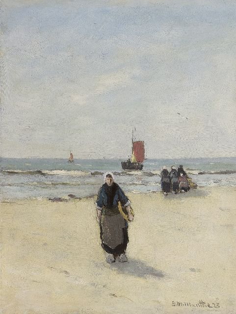 Morgenstjerne Munthe | Vissersvrouwen op het strand, olieverf op schildersboard, 30,8 x 23,7 cm, gesigneerd r.o. en gedateerd '23