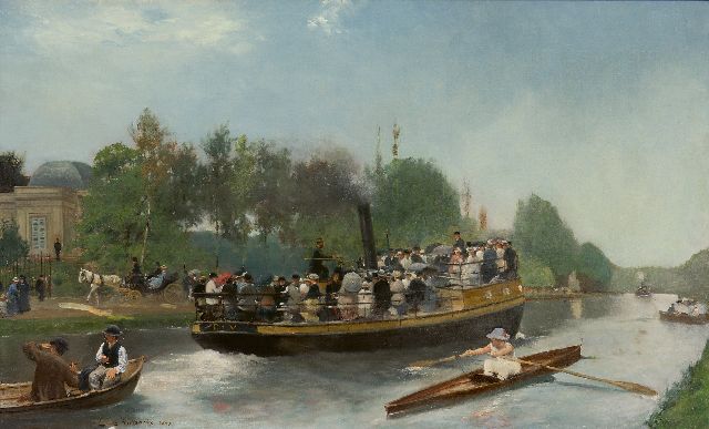 Emile Hoeterickx | Op het water tussen Laken en park Drie Fonteinen bij Vilvoorde, België, olieverf op doek, 52,5 x 85,0 cm, gesigneerd l.o. en gedateerd 1883