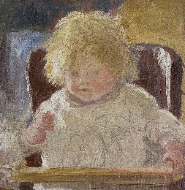 Ko Cossaar | Meisje in kinderstoel, olieverf op doek op paneel, 44,0 x 42,7 cm, gesigneerd r.o.