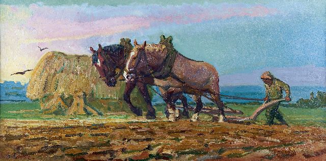Herman Gouwe | Ploegende boer, olieverf op doek, 43,3 x 85,5 cm, gesigneerd l.o.