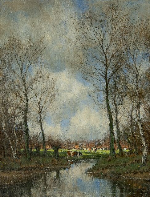 Arnold Gorter | Koeien bij de Vordense Beek, olieverf op doek, 42,2 x 32,6 cm, gesigneerd r.o. (dubbel)