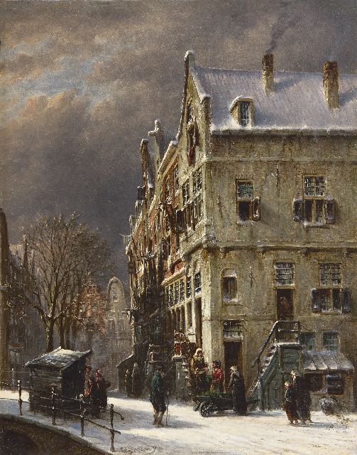 Petrus Gerardus Vertin | Besneeuwd grachtje met stal en groenteverkoper, olieverf op paneel, 37,3 x 29,5 cm, gesigneerd m.o. en gedateerd '76