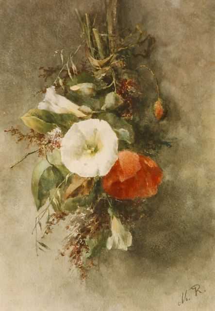 Margaretha Roosenboom | Hangend boeket met haagwinde en klaproosjes, aquarel op papier, 35,0 x 25,0 cm, gesigneerd r.o. monogram