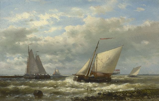 Abraham Hulk | Zeilende tjalken op de Zuiderzee, olieverf op paneel, 20,2 x 30,7 cm, gesigneerd verso