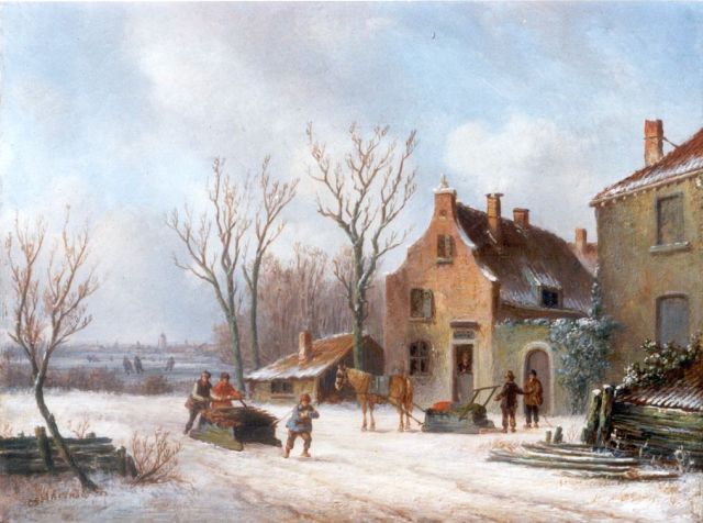 Carl Eduard Ahrendts | Winters gezicht op een dorpje aan een plas, olieverf op paneel, 17,0 x 22,0 cm, gesigneerd l.o.