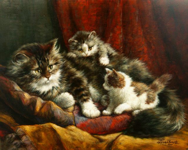 Cornelis Raaphorst | Moederpoes met twee poesjes in de kussens, olieverf op doek, 39,0 x 49,0 cm, gesigneerd r.o.