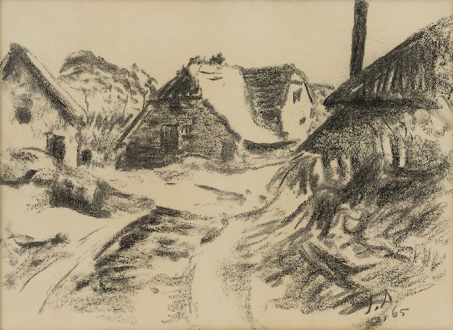 Jan Altink | Boerderijen, houtskool op papier, 36,7 x 48,8 cm, gesigneerd r.o. met initialen en gedateerd '65