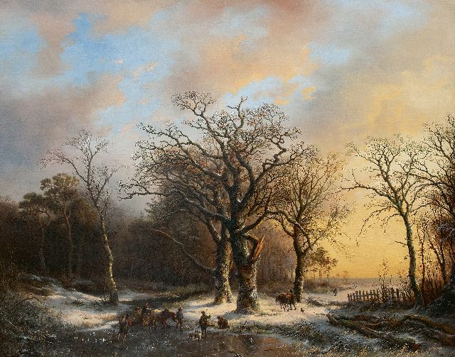 Willem Bodeman | Ontmoeting op het ijs bij zonsondergang, olieverf op doek, 84,6 x 106,3 cm, gesigneerd r.o. 'Bodeman' (landschap) en 'EV' op de ton en te dateren ca. 1846