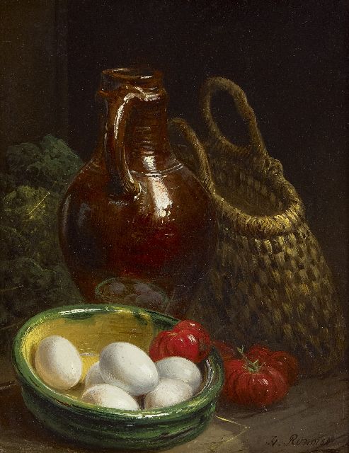 Henriette Ronner-Knip | Stilleven met eieren, tomaten en aardewerk, olieverf op paneel, 18,9 x 14,6 cm, gesigneerd r.o.