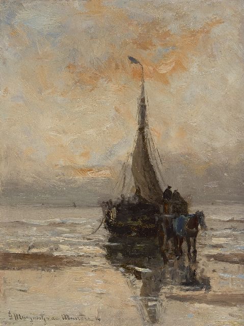 Morgenstjerne Munthe | Het uitladen van de netten bij zonsondergang, olieverf op paneel, 18,2 x 14,0 cm, gesigneerd l.o. en gedateerd '14