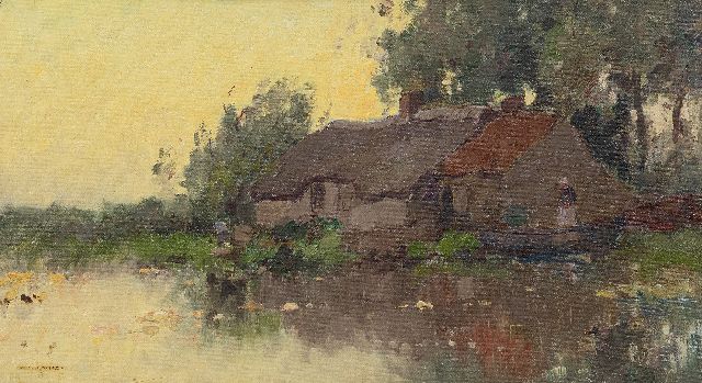 Aris Knikker | Boerderij aan het water, olieverf op doek op paneel, 25,1 x 45,0 cm, gesigneerd l.o.
