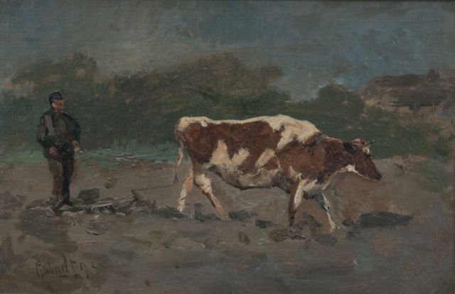 Constan Gabriel | Ploegende boer, olieverf op doek op paneel, 22,3 x 33,0 cm, gesigneerd l.o. en gedateerd '92