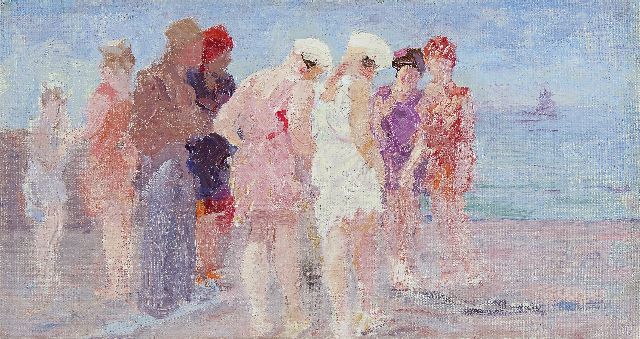 Willem Vaarzon Morel | Op het strand, olieverf op doek, 19,9 x 37,0 cm