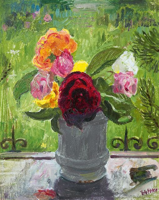 Harm Kamerlingh Onnes | Rozen in de vensterbank, olieverf op paneel, 30,5 x 24,6 cm, gesigneerd r.o. met monogram en gedateerd '64