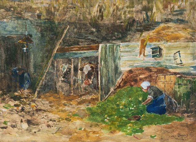 Willem de Zwart | Koeien voeren op de deel, aquarel op papier, 25,3 x 35,0 cm, gesigneerd r.o.