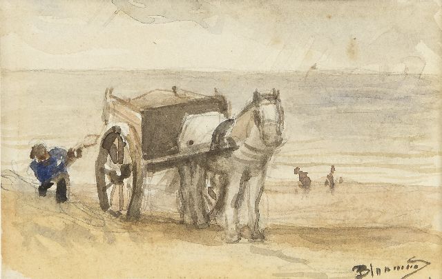 Bernard Blommers | Schelpenkar bij Katwijk, aquarel op papier, 9,0 x 13,9 cm, gesigneerd r.o.