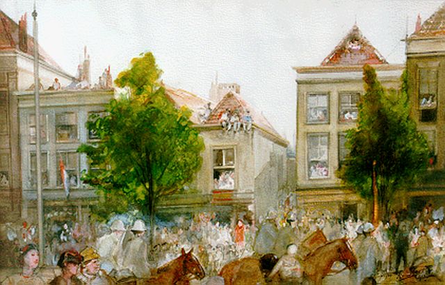 Frans Bakker | Optocht t.e.v. uitvaart Prins Hendrik op 't Spui in Den Haag, aquarel op papier, 34,0 x 52,5 cm, gesigneerd r.o. en gedateerd 1934