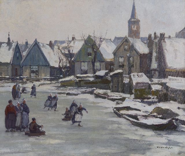 Willem Noordijk | IJspret in Volendam, olieverf op doek, 46,3 x 54,4 cm, gesigneerd r.o.