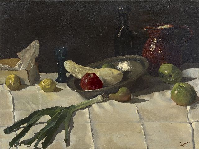 Lucas Verkoren | Stilleven met tinnen schaal, olieverf op doek, 75,0 x 100,0 cm, gesigneerd r.o.