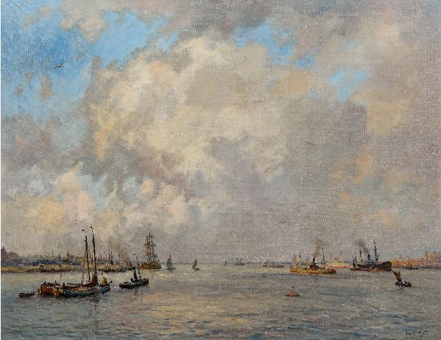 Evert Moll | Scheepvaart onder hoge wolkenlucht, olieverf op doek, 72,2 x 92,7 cm, gesigneerd r.o.