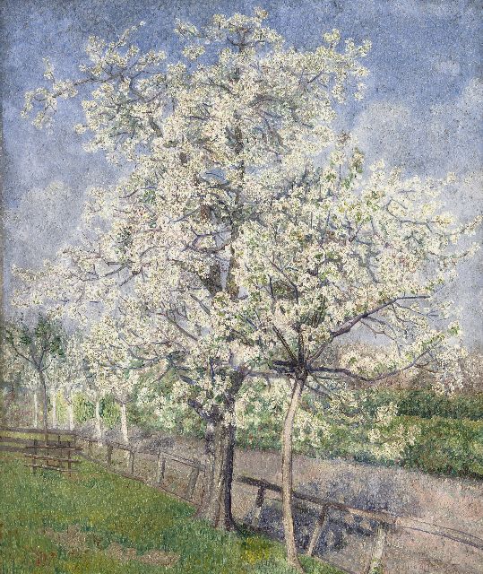 Jakob Nieweg | Bloeiende fruitbomen langs een hek, olieverf op doek, 60,0 x 50,1 cm, gesigneerd r.o. met monogram en gedateerd '22